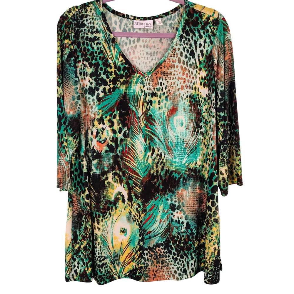 Attitudes by Renee Womens 1X V-Neck Tunic Multicolor Animal Peacock Print Boho